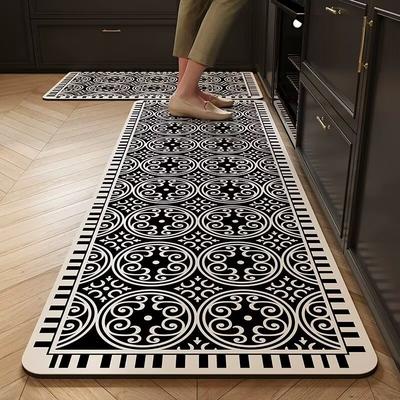 Kitchen Floor Mat Non-slip Waterproof Oil-proof Carpet PVC Leather Black White Minimalist Texture Rug Long Ruler Home Decor Mats