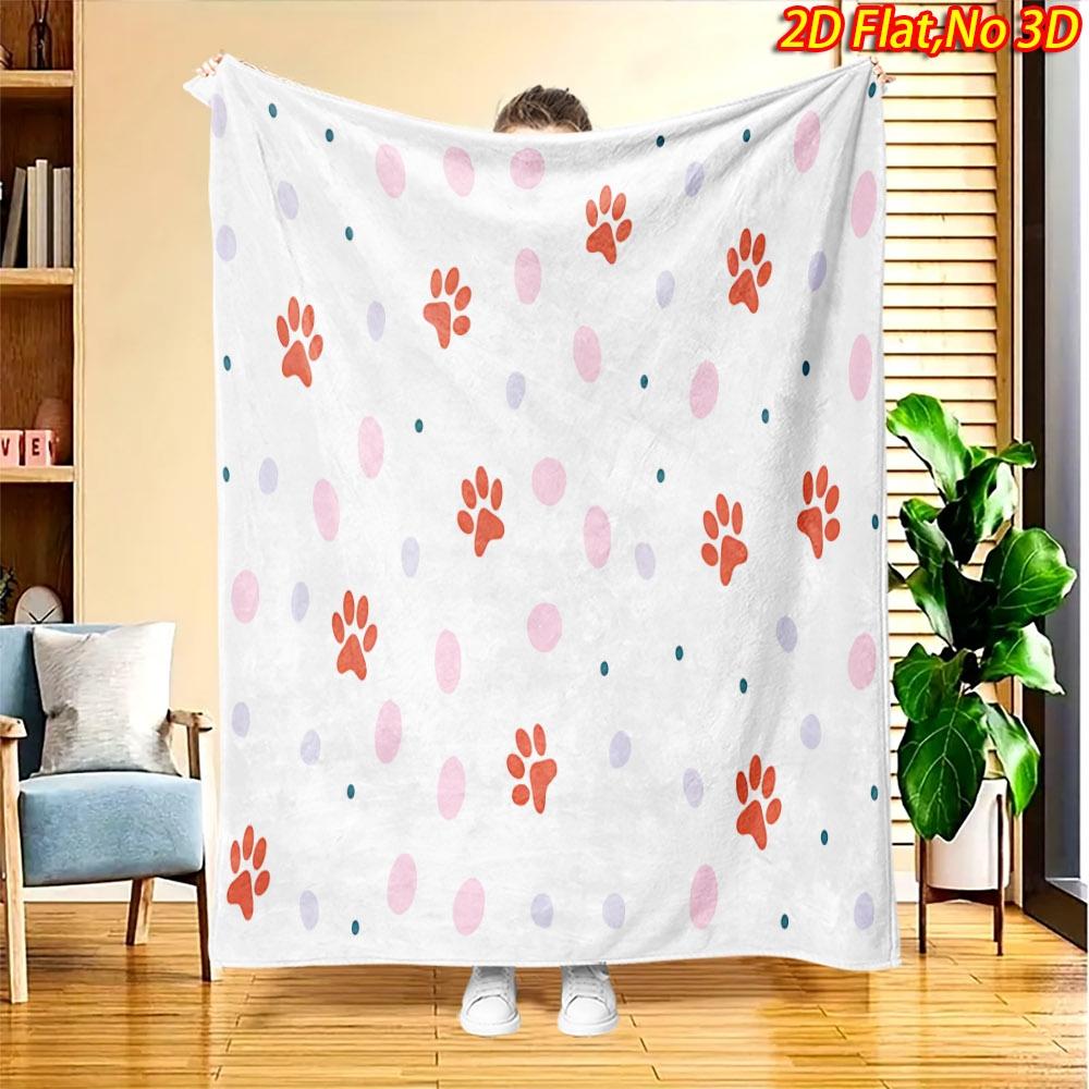 1pc Cute Red Paw Print & Pink-Purple Polka Dot Blanket Suitable for All Seasons, Soft Flannel Throw Bedspread, Machine Washable Cozy Bedding Gift for,