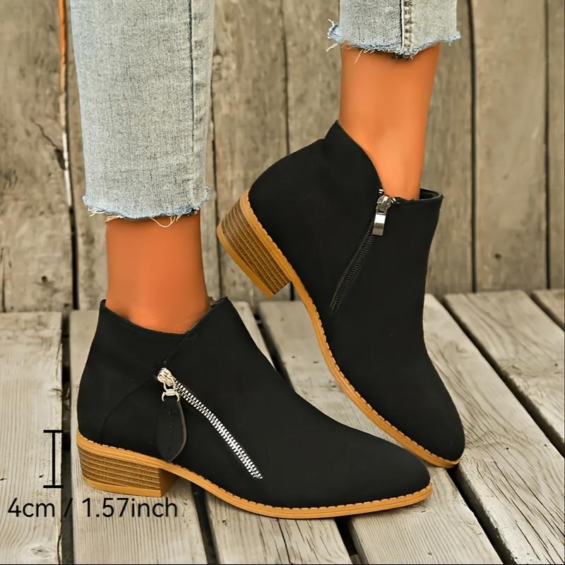 Ladies' Retro Solid Color Ankle Boots -1.57-inch Thick Heel Ankle Boots - Comfortable All Season Thick Bottom Side Zipper Pointed Boots