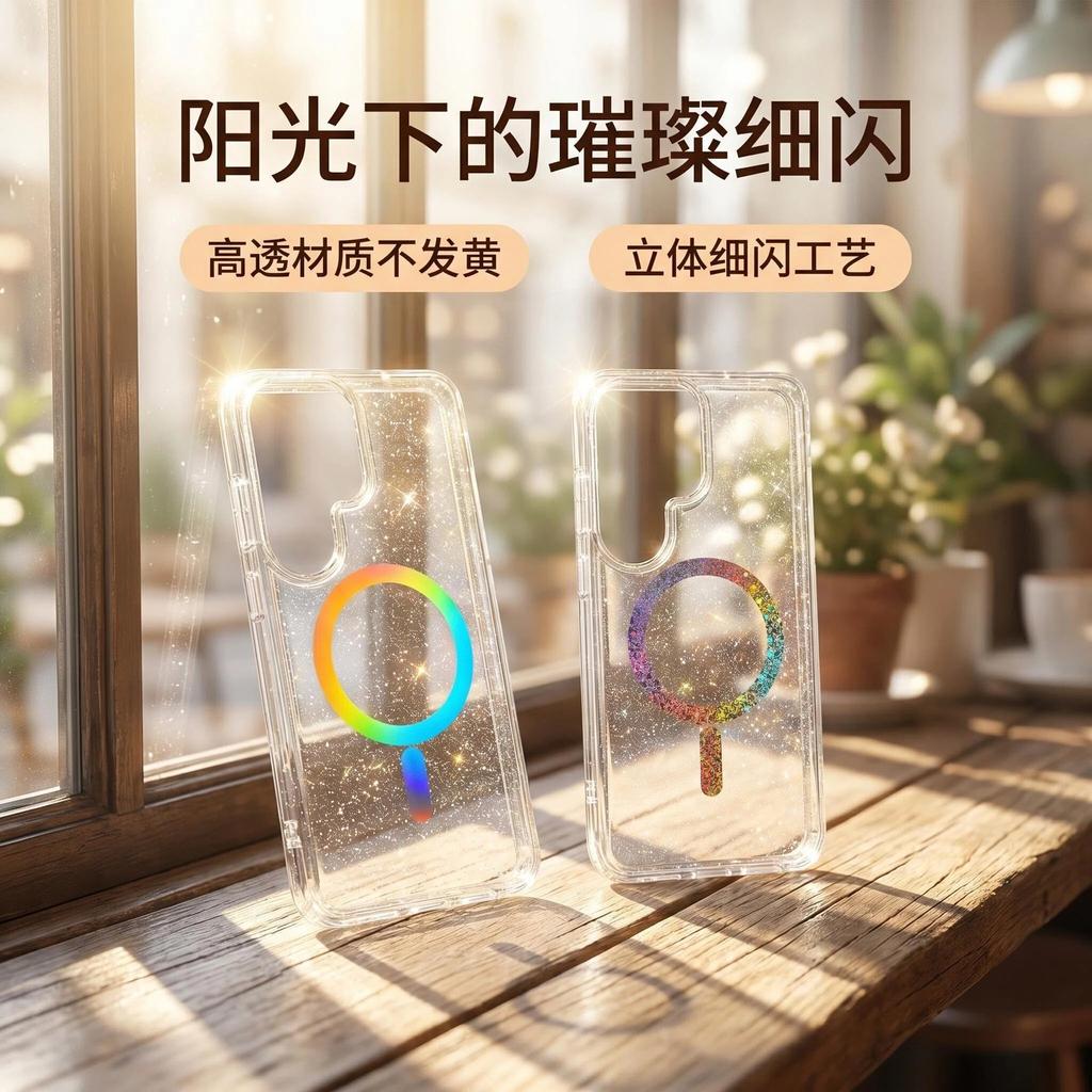 Applicable to Samsung S26Ultra mobile phone case glitter S25FE magnetic case lens anti-drop S26 transparent case