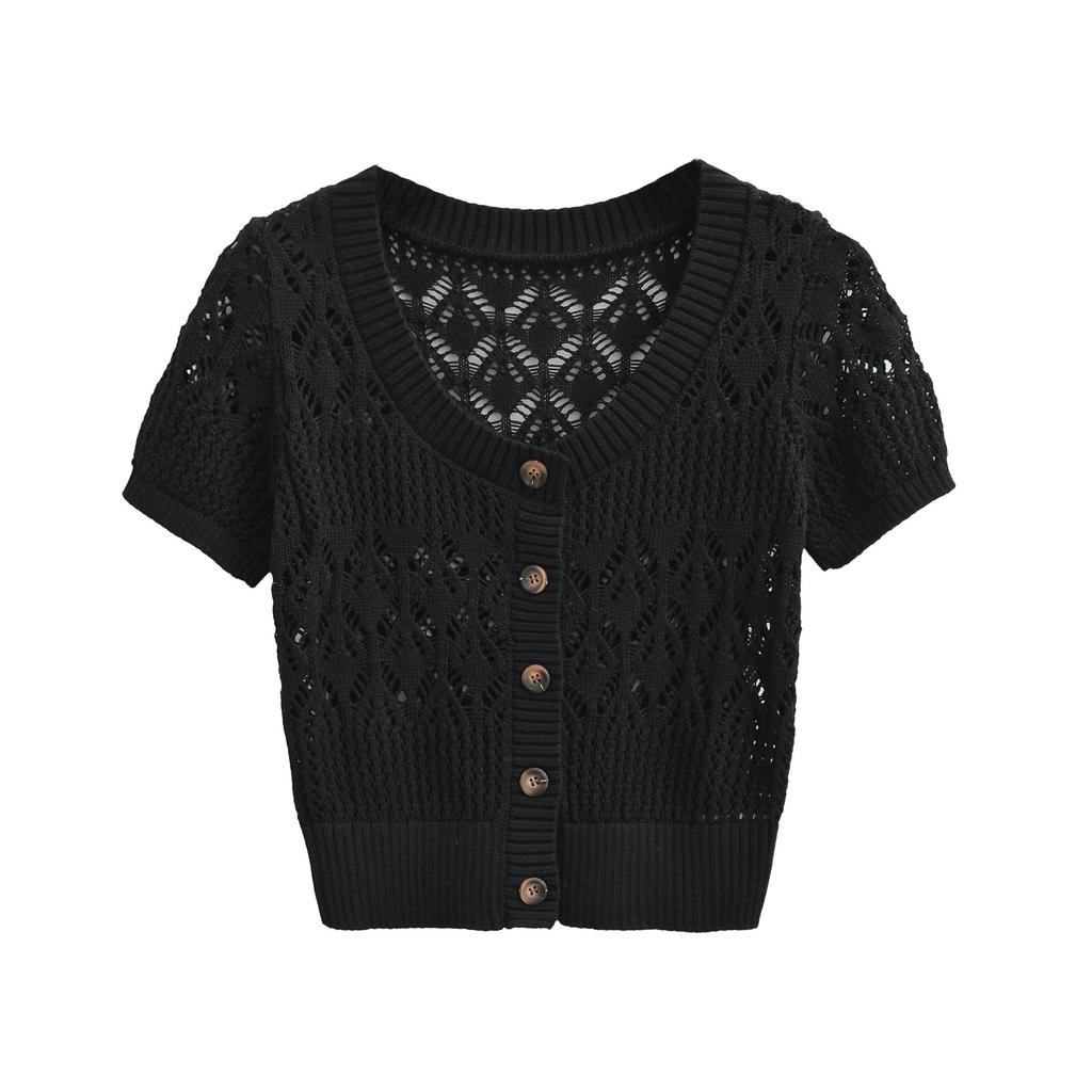 Fashion Crew Neck Knitted Sweater Women's Summer New American Spice Girl Slim and Thin Short Cardigan Short-sleeved T-shirt