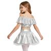Girls Dancewear Off Shoulder Sleeveless Metallic Ruffle Crop Top and Shiny Tutu Skirt for Stage Competition Party Wear