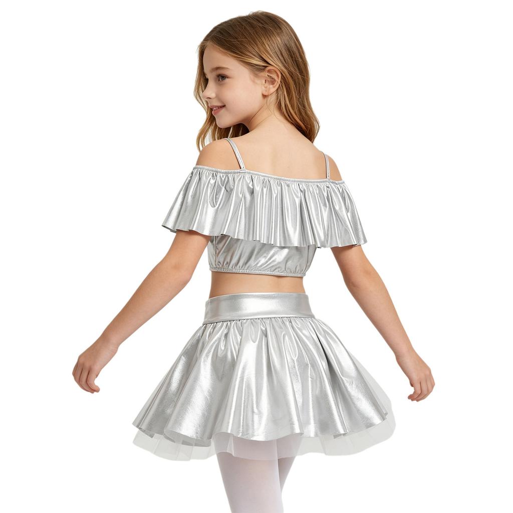 Girls Dancewear Off Shoulder Sleeveless Metallic Ruffle Crop Top and Shiny Tutu Skirt for Stage Competition Party Wear
