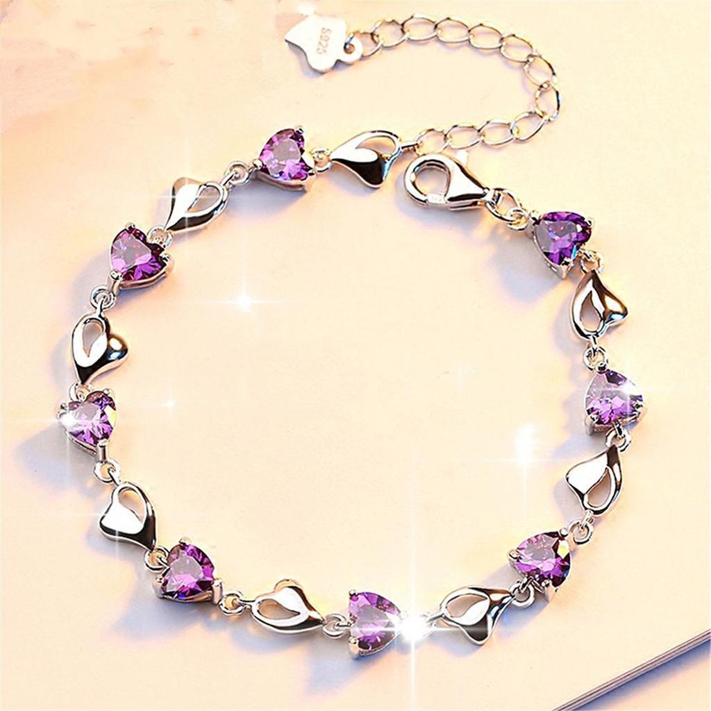 Luxury S925 Sterling Silver Love Bracelet Purple Blue Zircon Crystal for Women Party Engagement Jewelry Gift