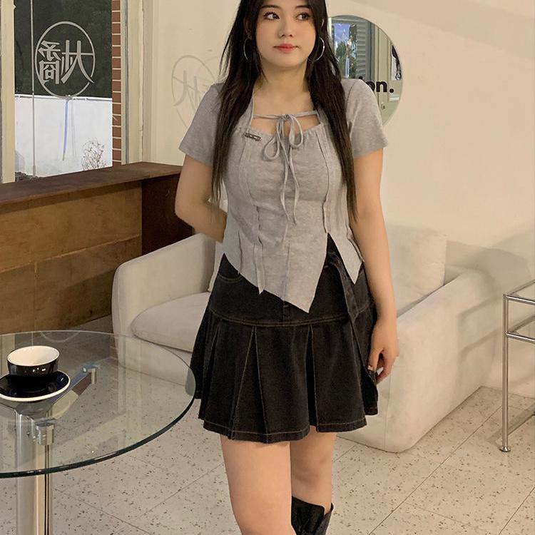 Women's Short Skirt Large Size Denim Half Body Skirt Sexy High Waist Short Skirt Pleated Waist A Word Half Body Skirt