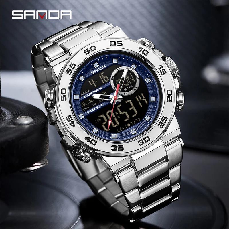 SANDA Fashionable Waterproof  Men's Electronic Watch Sports Multifunctional Large Dial Three Pin Double Display Men's Wrist Watc