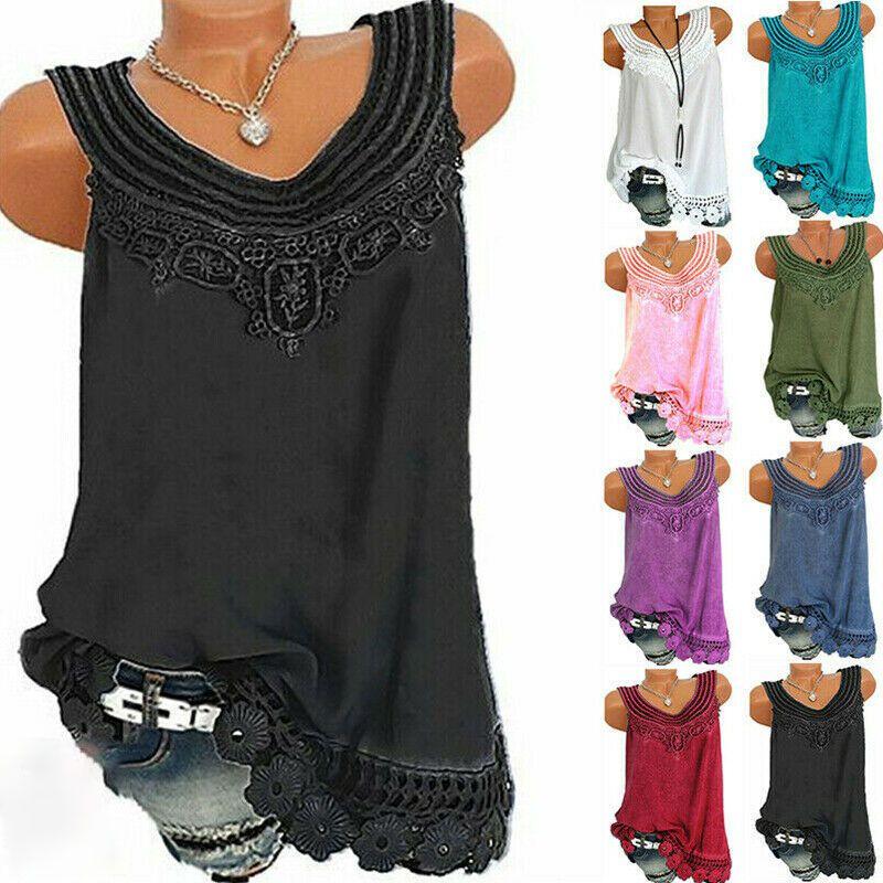 Women's Loose Sleeveless Vest T-shirt Blouse With Elegant Boho Lace Design In Plus Sizes