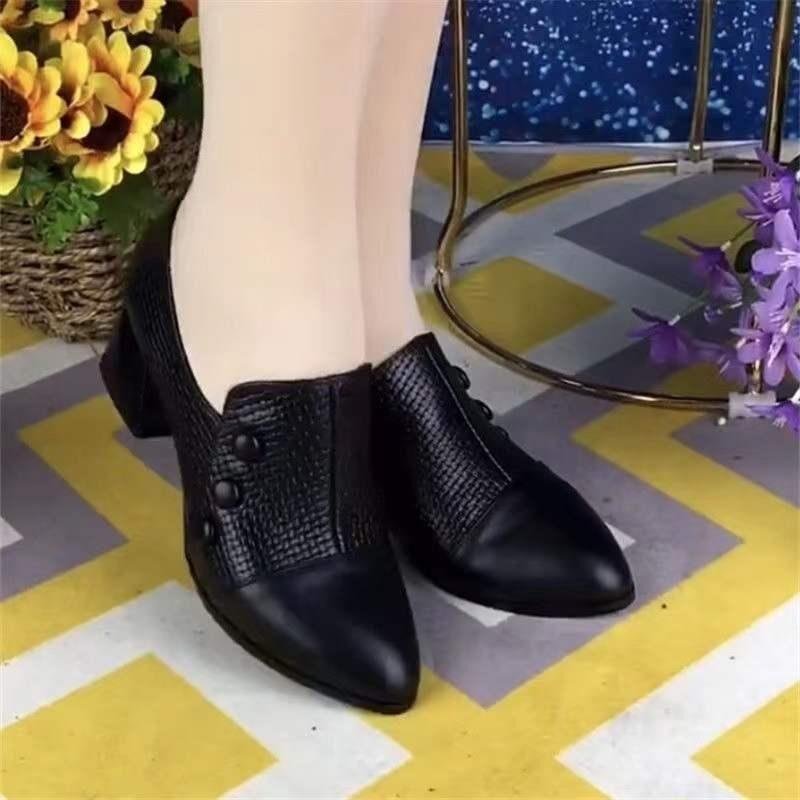 Medium Heel Black Work Thick Heel Small Leather Shoes Women's 2025 Spring and Autumn New Comfortable Mother Shoes Versatile Medium Heel Shoes Sing