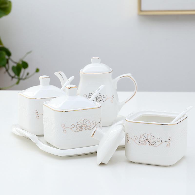 Lotus Ceramic Condiment Jar Set for Salt, Sugar, Soy Sauce, and Vinegar