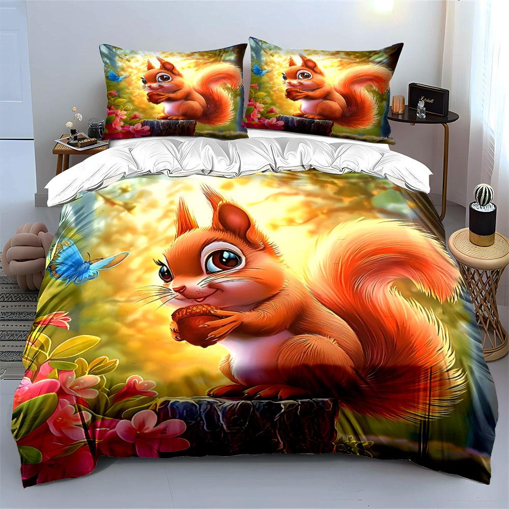 Adorable Squirrel Nature Decor Set Bedding Set with 1 Duvet Cover 2 Pillowcases Single Double King Queen, Gift