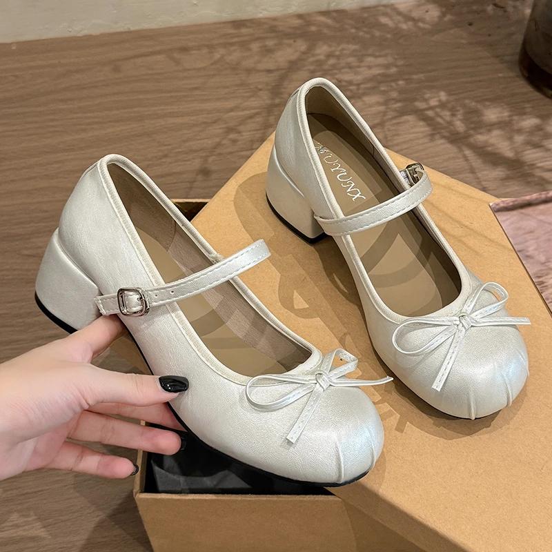Mary Janes mit Schleife, mittlerem Absatz, quadratischem Absatz, flach, Damenschuhe im Ausverkauf 2025 Mode Frühling/Herbst Einfarbig Kleid Pumps