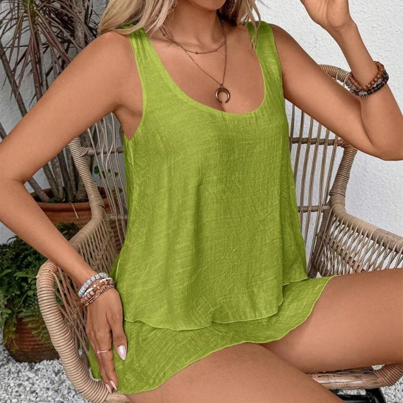Women's Summer Tops Sleeveless Tank Tops Casual Flowy Loose Tunics Shirt Double Layers Ruffle Blouses Tunics gIFTS