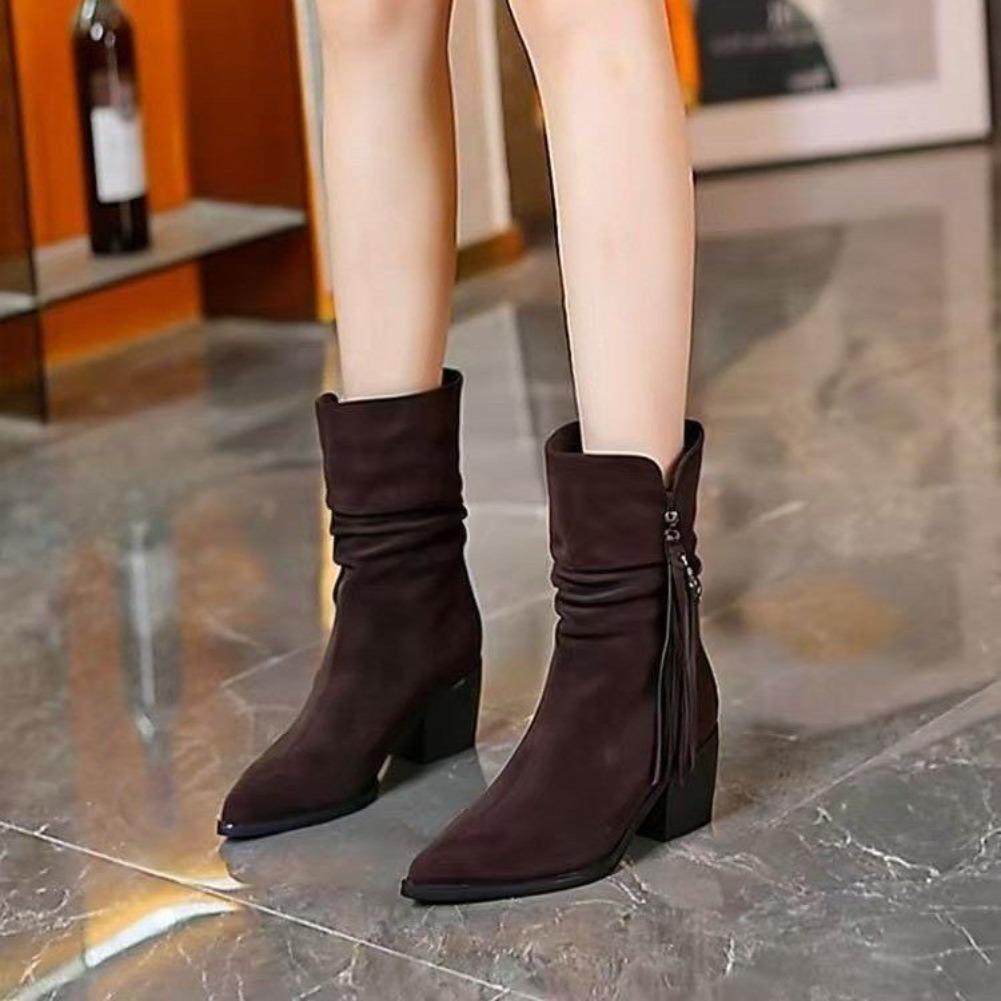 Fashion Winter 2025 Collection of Suede Fringed High-heeled Boots for Women Pointed-toe Chunky-heeled Ankle Boots Fashion Boots