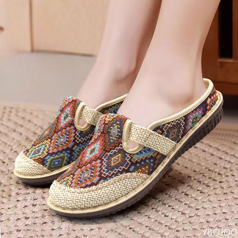 Ethnic Style Embroidered Shoes New Linen Breathable Half Slippers for Women with Soft Soles Women's Cloth Shoes for One Foot