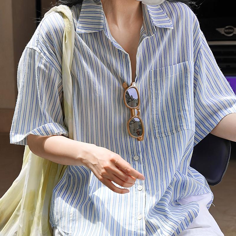 Japanisches lässiges Lazy-Style Kurzarm-Streifenshirt für Damen Sommer locker dünn literarisch kurzärmeliges Oberteil 5021