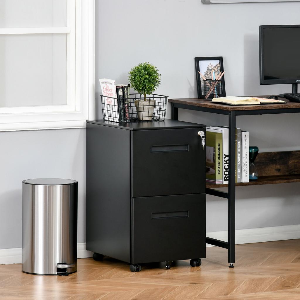 Metal Mobile File Cabinet with Wheels, Lockable 2 Drawer Filing Cabinet for A4, Legal, Letter