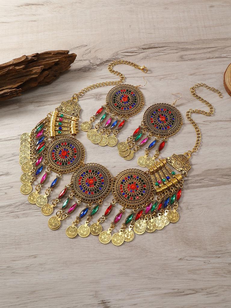 Gypsy Bohemia Chic Vintage Metal Coin Crystal Tassel Jewelry Sets Women Hippie Turkish Ethnic Tribal Necklace Earring Set