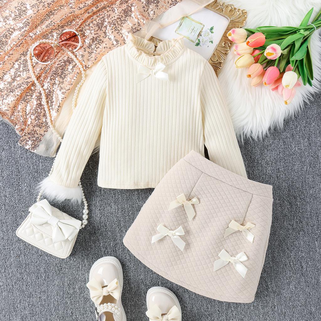 Girls' Set Autumn and Winter Children's Sleeve Top and Bow Short Skirt Two-piece Set