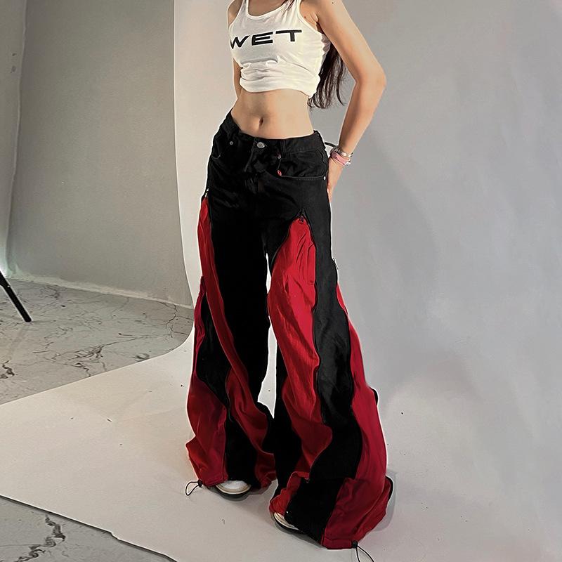 Jeans Cargo de Pierna Ancha con Bloque de Color Estilo Europeo-Americano