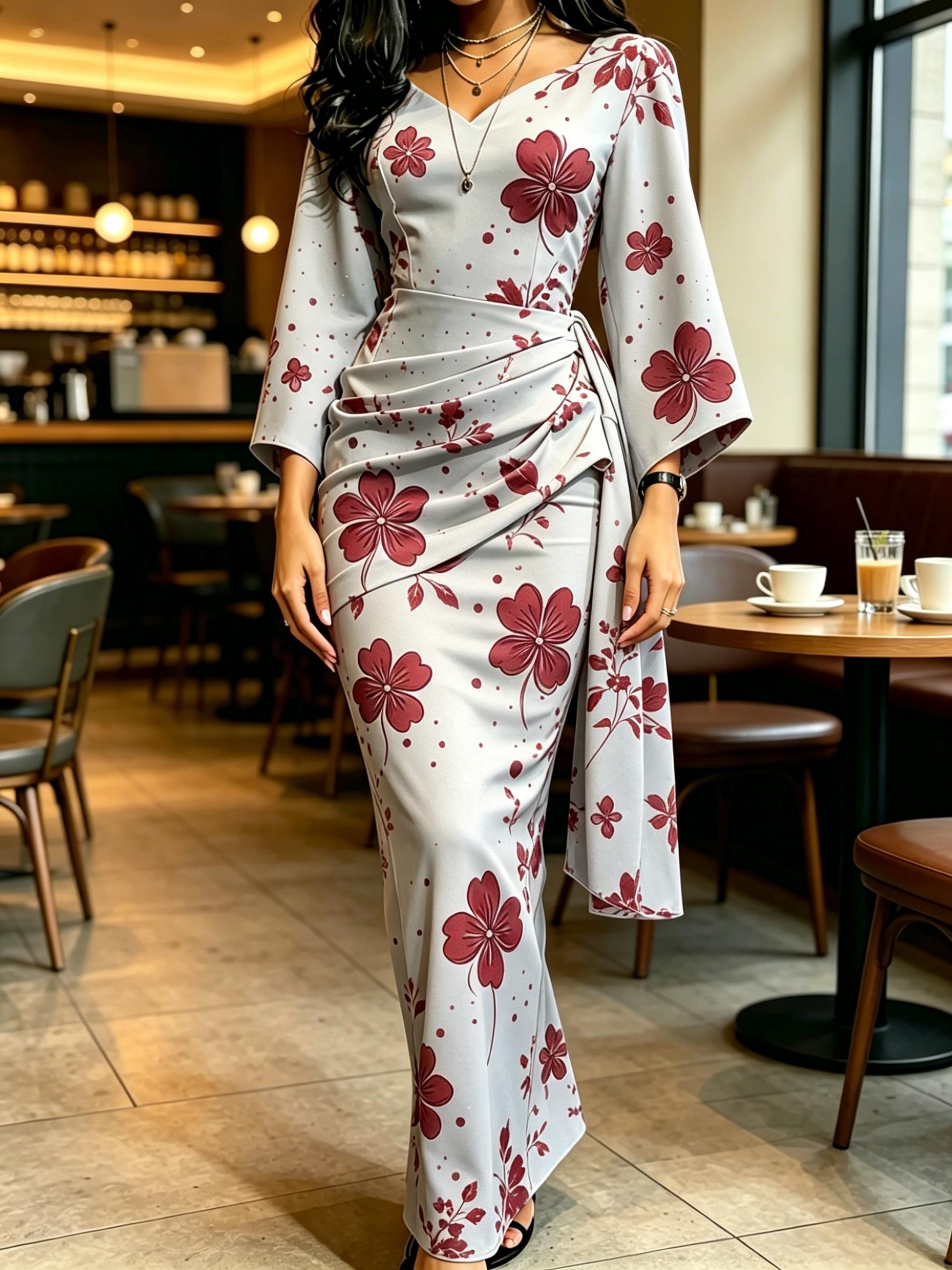 Women s Grey Red Clover Print Maxi Dress V Neck Wrap Waist Flare Sleeve Party Gown XS