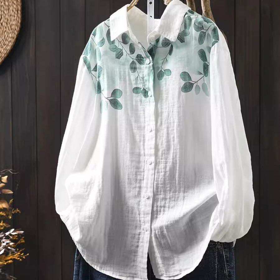 Primavera Otoño Top Blanco Camisas de Hilo de Algodón de Doble Capa Mujer Cuello de Solapa Manga Larga Blusas Estampadas