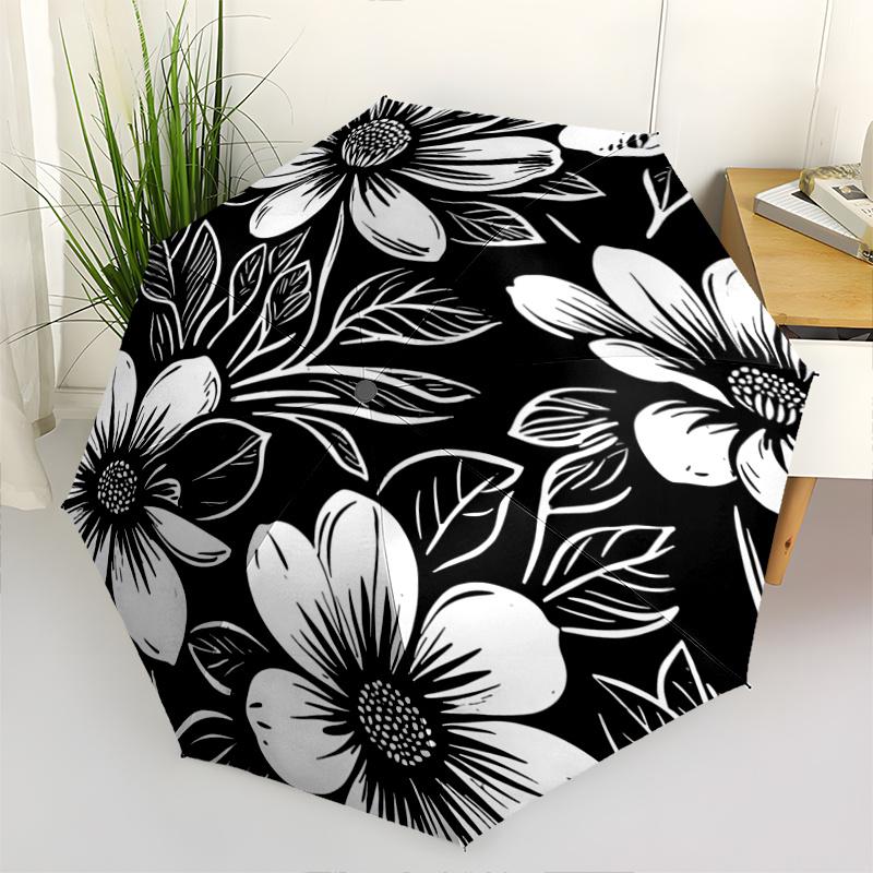 

1pc Black and White Floral Pattern Pattern Automatic Umbrella is Fashionable and Good-Looking, a Portable 3-Fold Umbrella, Suitable for Travel and Dai