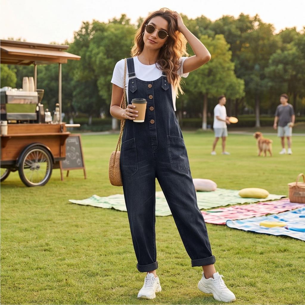 Women’s Loose Fit Denim Overalls Adjustable Strap Jumpsuit with Front Button Detail and Large Pockets Casual Sleeveless Bib Pants
