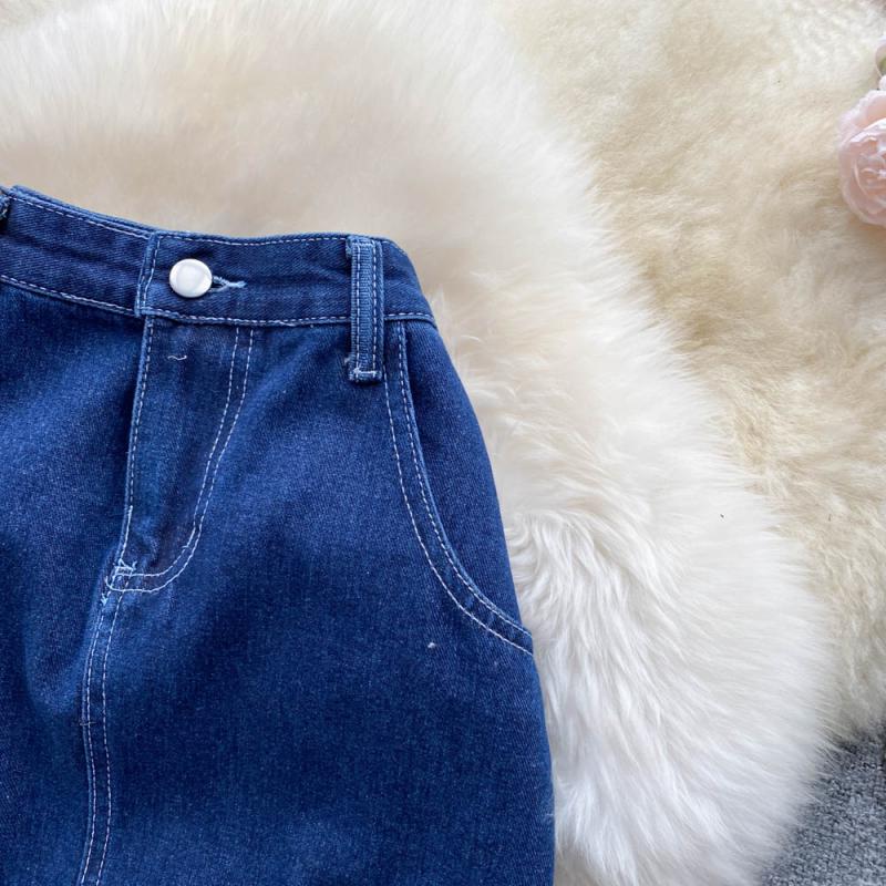 Denim Skirt Mid Length Women's Back Split Summer Korean High Waist Versatile A-Line Skirt Long Skirt