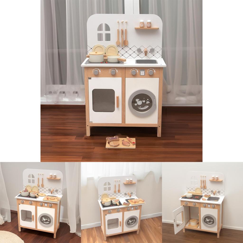 Kids Wooden Pretend Kitchen Set With Sound And Light For Toddler Girls Playroom Decor