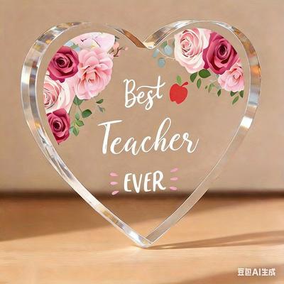 2D Flat, "Best Teacher Ever" Heart-Shaped Acrylic Teacher Appreciation Gift Desktop Decoration Plaque, Pink Roses & Red Apple Design, Home Decor Plaqu