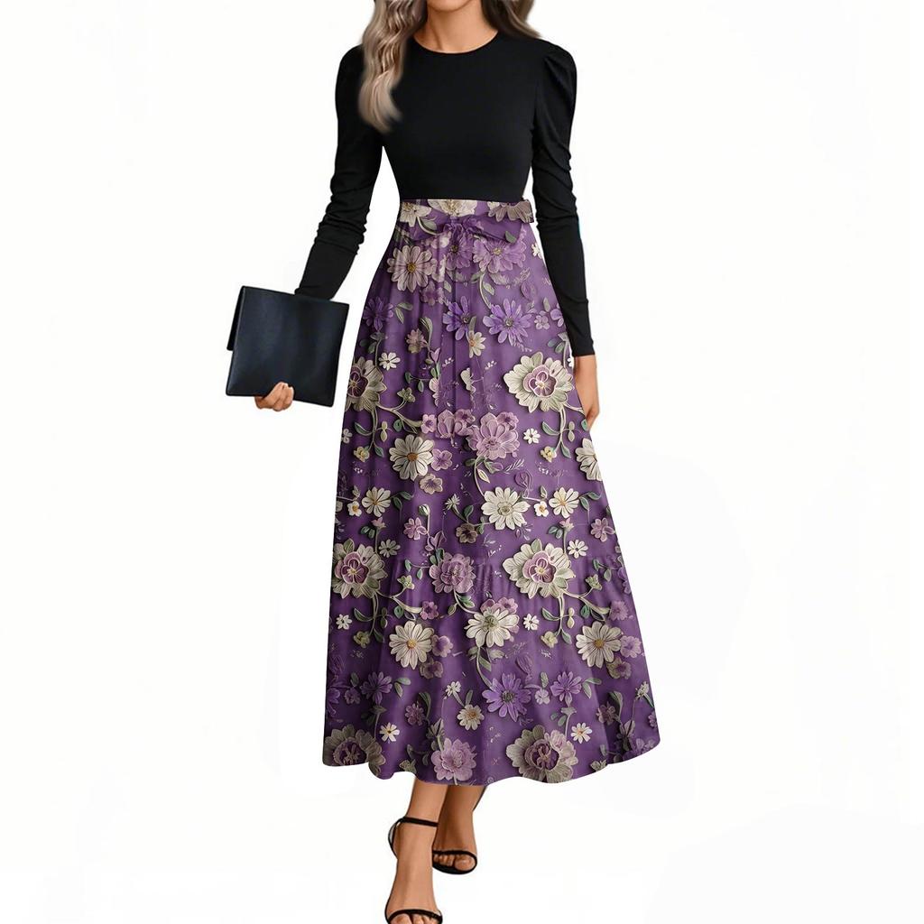 Rochii de damă la modă, casual, cu centură, cu mânecă lungă, cu gât rotund, cu imprimeu floral, elegante, cu temperament