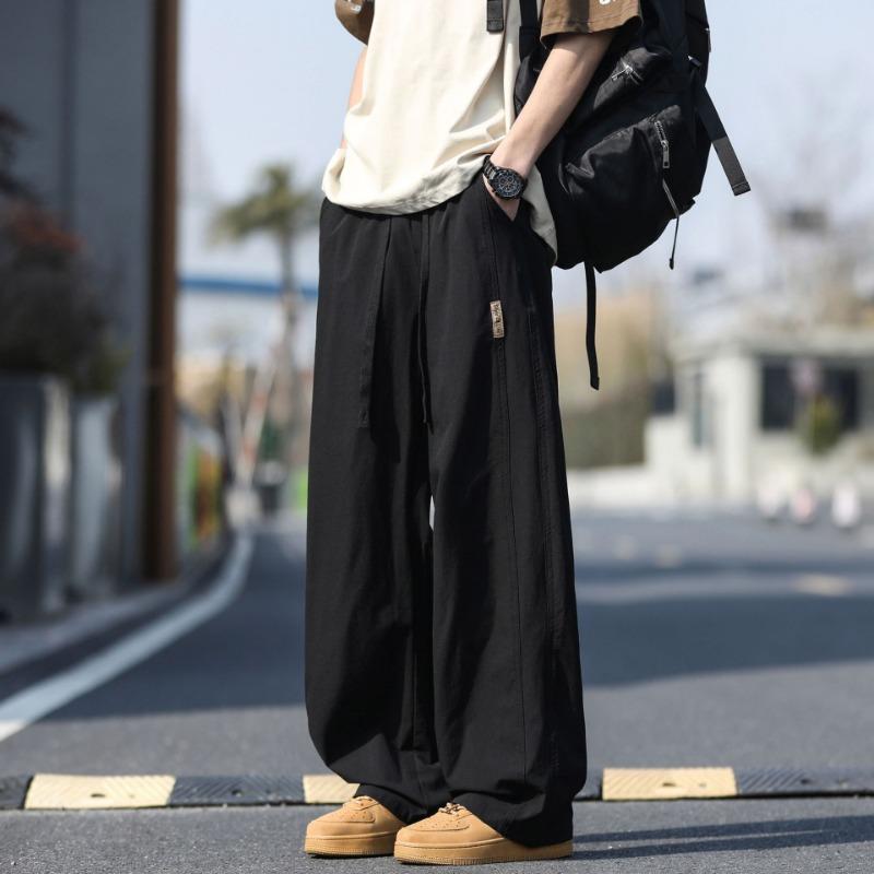 Men Drawstring Elastic Waist Wide Leg Loose Casual Straight Long Trousers