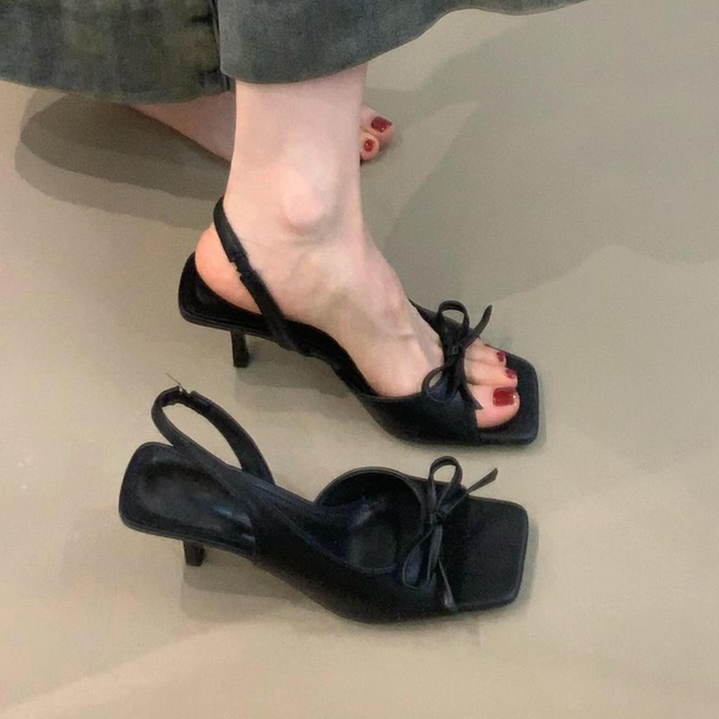 2025 new bow-tied back strap high heels women's summer outer wear one-word with temperament open-toed square head sandals