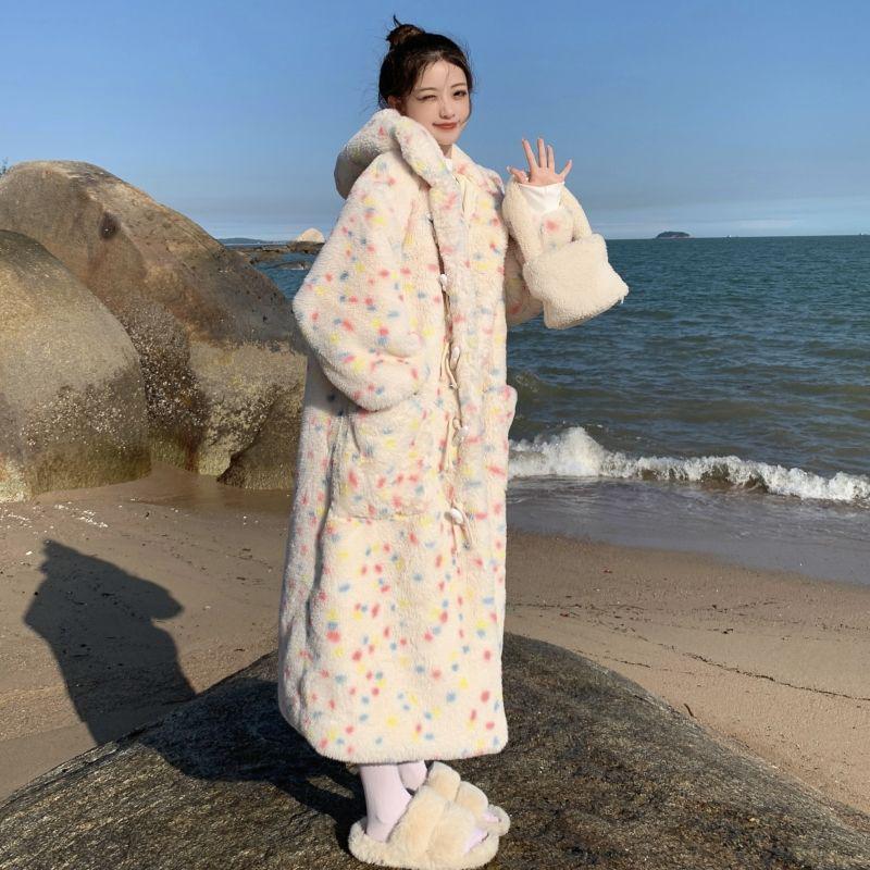 Rabbit Fur Women s Thick Hooded Coat with Horn Buttons Extra Small