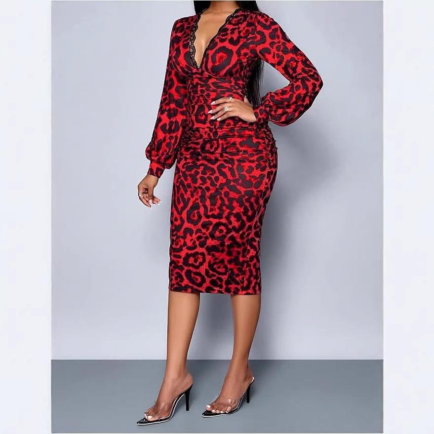 Slim-fit Long-sleeved Lace Decoration V-neck New Dress Women's Clothing