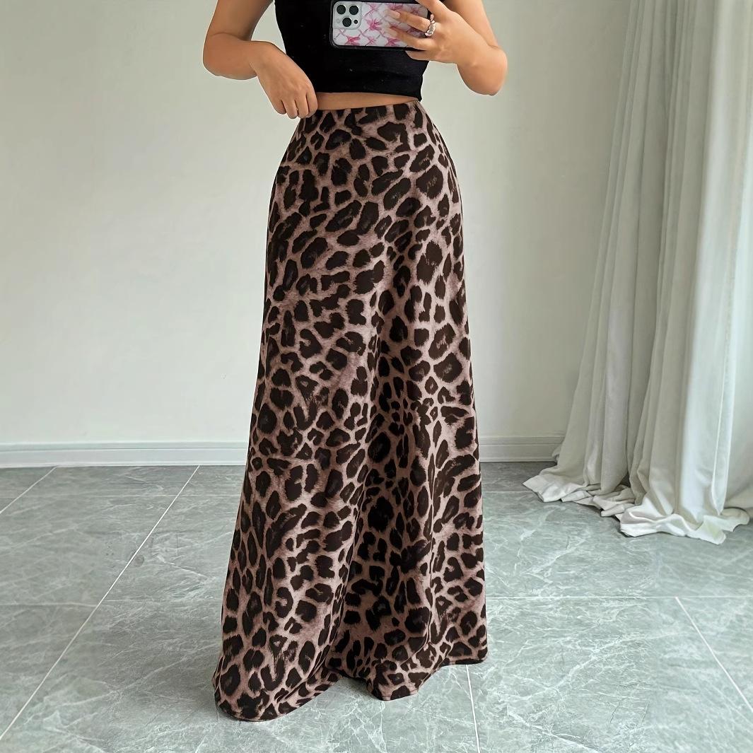 Retro high-end fashion leopard print skirt women s summer temperament leopard print high waist thin A word medium and long skirt XS цветной печати леопарда