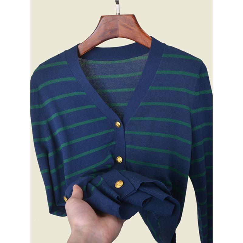 Hong Kong Style Vintage Stripe Knitwear V Neck Cardigan Long Sleeves Female 2024 New Arrival Metal Button Fashionable All-Matching Jacket