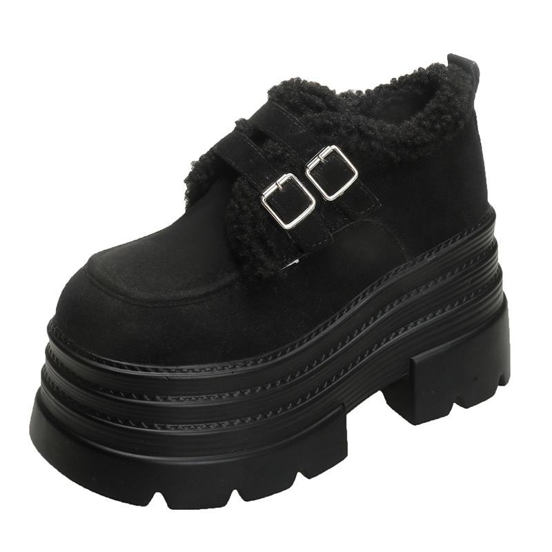 

Новые зимние массивные повседневные сноубутсы женские 10 см высокая платформа танкетка теплые меховые кроссовки модные женские кожаные туфли с пряжкой 34 чёрный