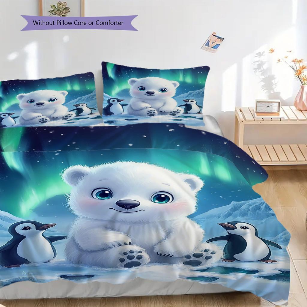 Polar Bear Pattern Bedding Quilt Set Quilt Cover Pillowcase Home Decoration Birthday Gift (1 * Duvet Cover + 2 * Pillowcase, Without Core)