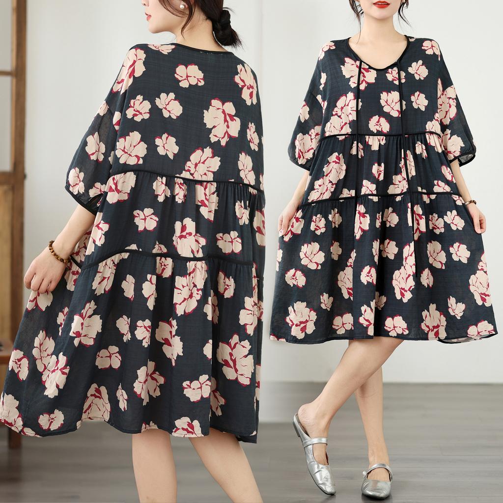 DIMANAF New 2026 Women Plus Size Summer Beach Print Long Dress Sundress Loose Oversize Maxi Lady Floral Cotton Dress