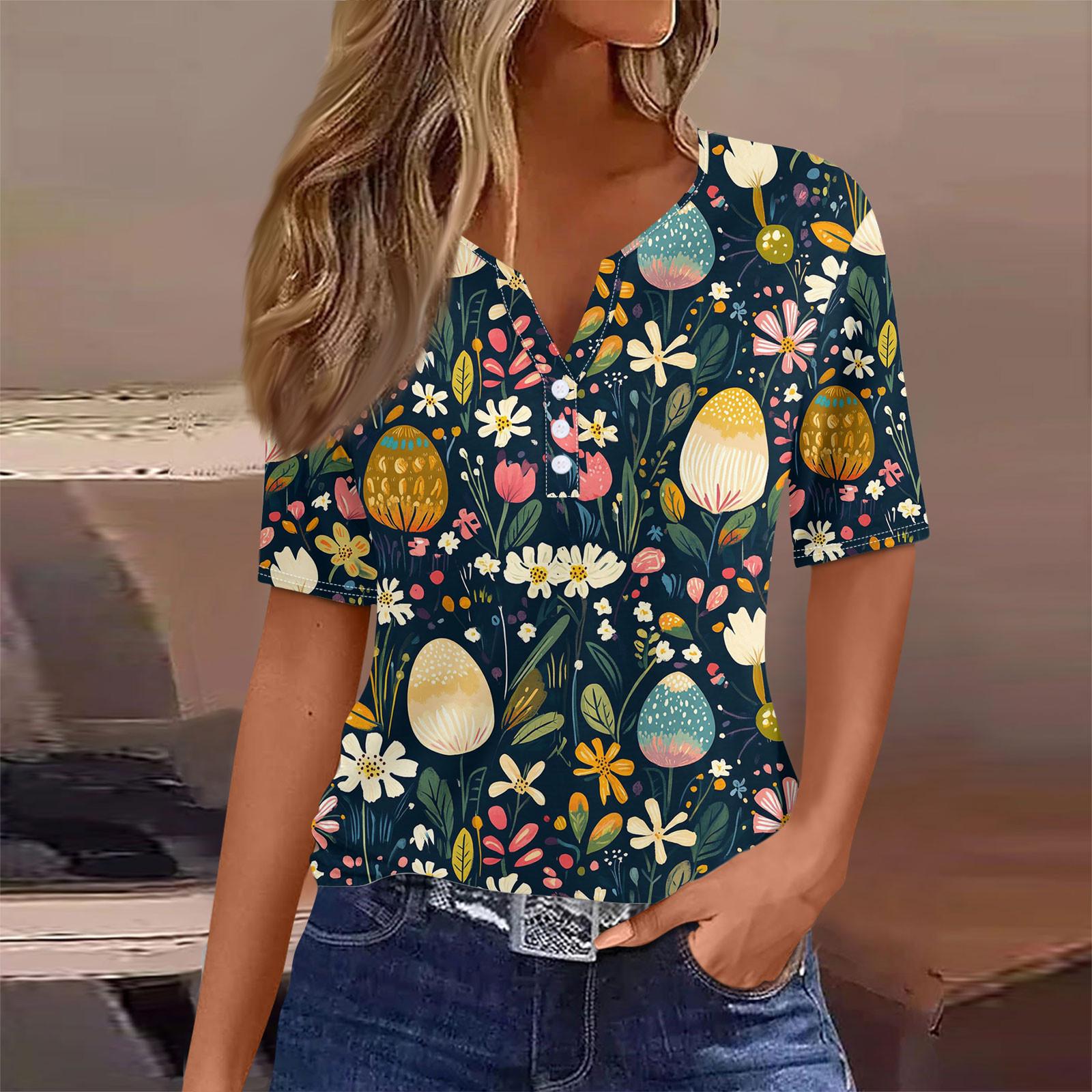 

Жіноча модна повсякденна вінтажна великодня футболка з V-подібним вирізом і короткими рукавами з декоративними ґудзиками XXL Темно-синій