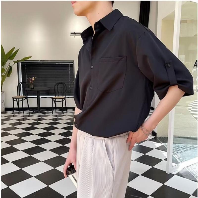Mens Casual Loose Solid Thin Ice Silk Short Sleeve Shirt