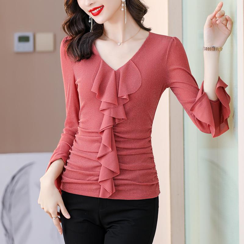 YYFS Damenmode, lässig, Frühling und Herbst, einfarbig, langärmelig, V-Ausschnitt, Blusen und Hemden