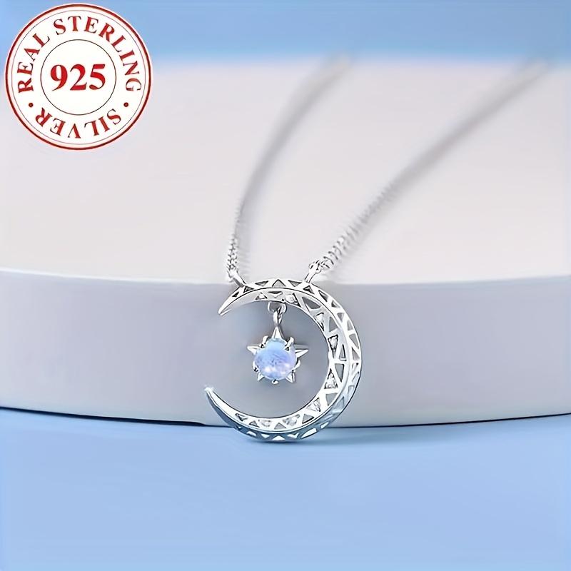 Luxurious Celestial Moon Pendant Necklace - 925 Sterling Silver with Synthetic Blue Zirconia, Perfect Gift for Women in Everyday Life