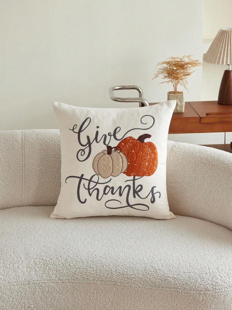 1pc Thanksgiving Pumpkin Embroidered Pillow Case, Thanksgiving Give Thanks Pillow Cover, Suitable For Indoor Decoration, Harvest Festival Decor, All S