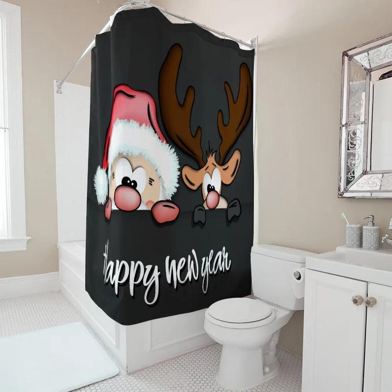 TU Cute Reindeer Christmas Shower Curtain Festive Holiday Forest Animal Bathroom Decor Waterproof Holiday Home Decor Gift