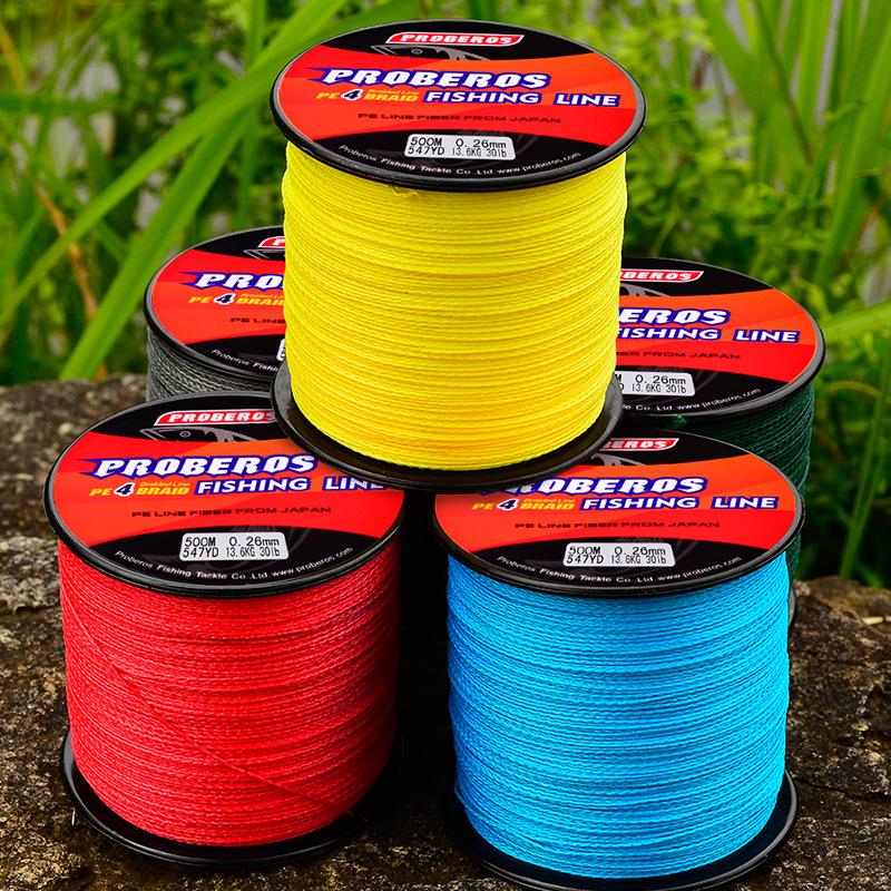 500m PE Dyneema Braided Fishing Line, 4-Strand, Multicolor: Red, Blue, Yellow, Green, Grey - Ideal for Sea Fishing