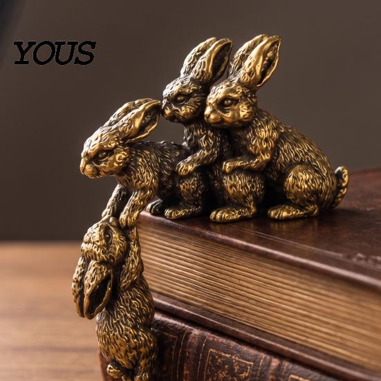 Künstlerischer Arbeitszimmer-Akzent Liebevolle Hasenfamilien-Figur, Vintage-Bronze-Metall-Hase-Statue, Einzigartige Sammler-Tierfiguren Hängendes Regal