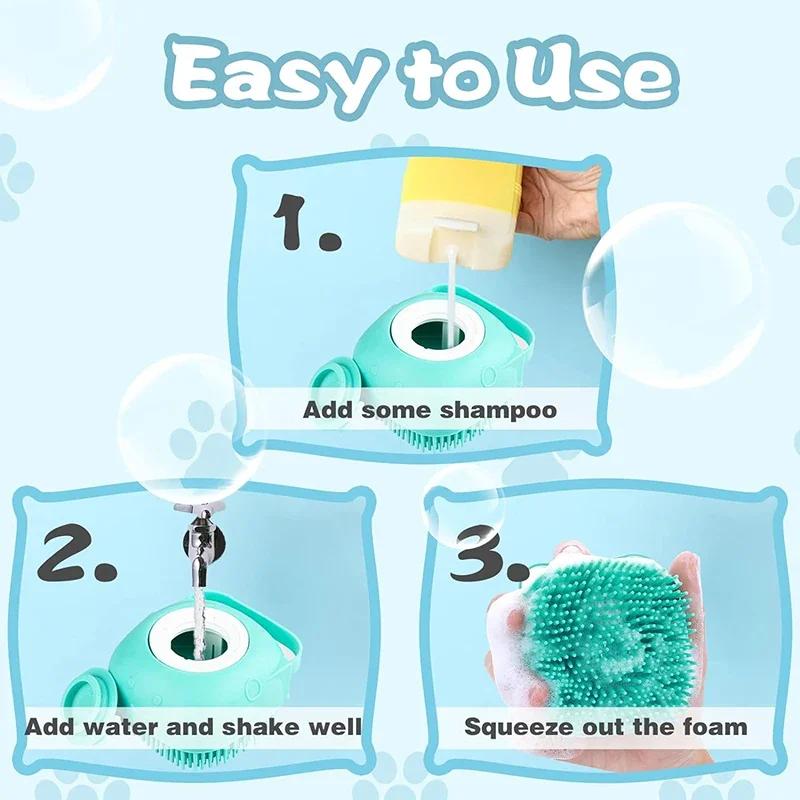 Dog Bathing Brush Pet Massage Brush Shampoo Dispenser Soft Silicone Brush Rubber Bristle for Dogs and Cats Shower Grooming Tool