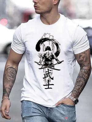 Samurai Warrior Print Mens Cotton Graphic Tee Breathable Casual Short Sleeve TShirt